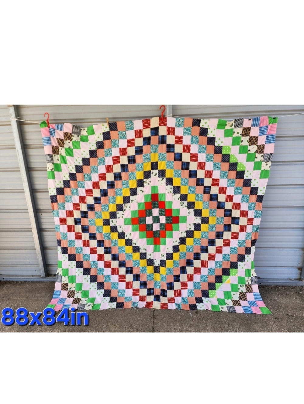 Vintage Amish Made Quilt Topper Handmade Used 88x84in Vivid Color